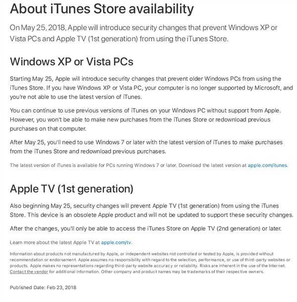 苹果宣布今年5月起 iTunes将停止XP和Vista服务