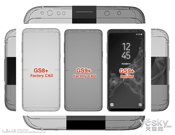 三星Galaxy S9+手机CAD工程照曝光 额头/下巴变窄