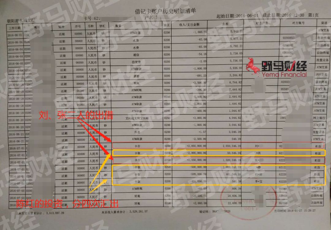 图为李明打印的银行流水单截至发稿，野马财经从李明处了解到，益富投资