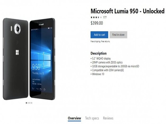 微软重新上架Lumia:Lumia950售399美元起