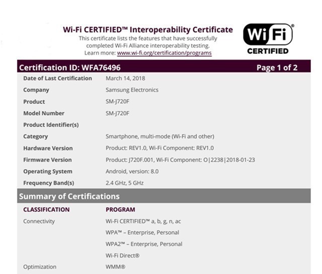 三星J8(2018)获得WiFi联盟认证 用自家处理器