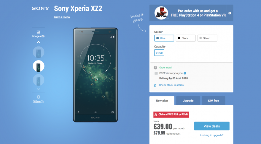 英国电商: 预购Sony Xperia XZ2  送PS4