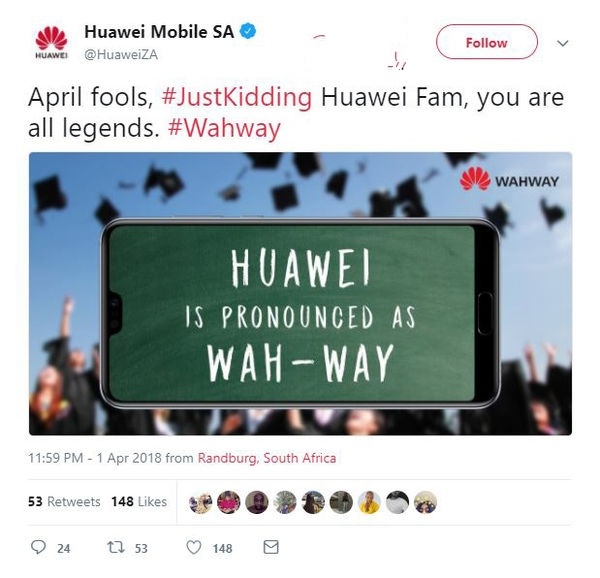 愚人节中招：华为HUAWEI改名为“Wahway”！