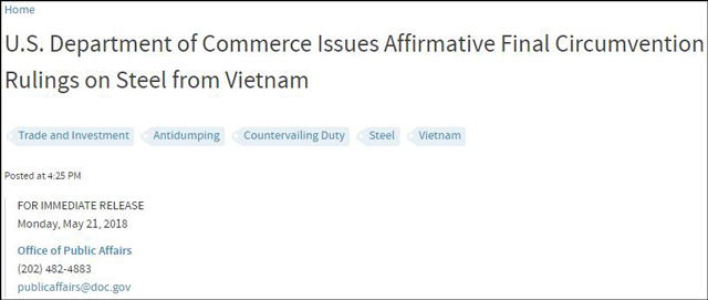 美商务部：向借道越南出口的中国钢铁征高额“双反税”