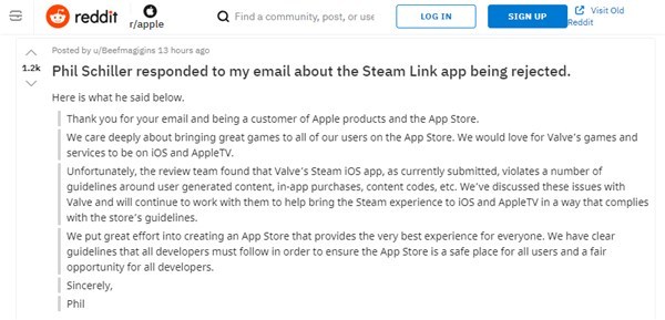 苹果回应拒绝Steam Link上架事件:违反相关规定