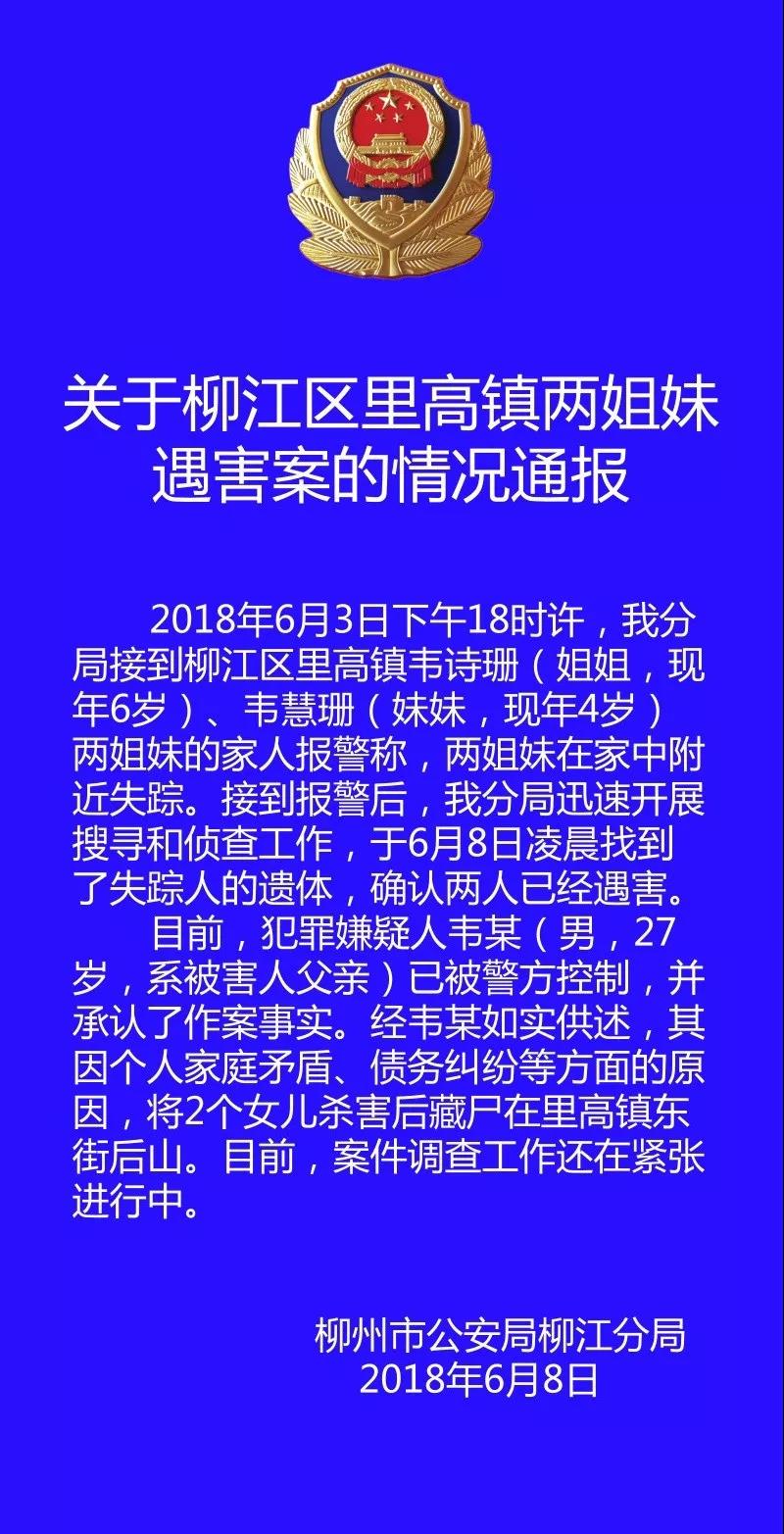 柳州警方通报：男子因家庭矛盾杀害2名亲生幼女藏尸山上