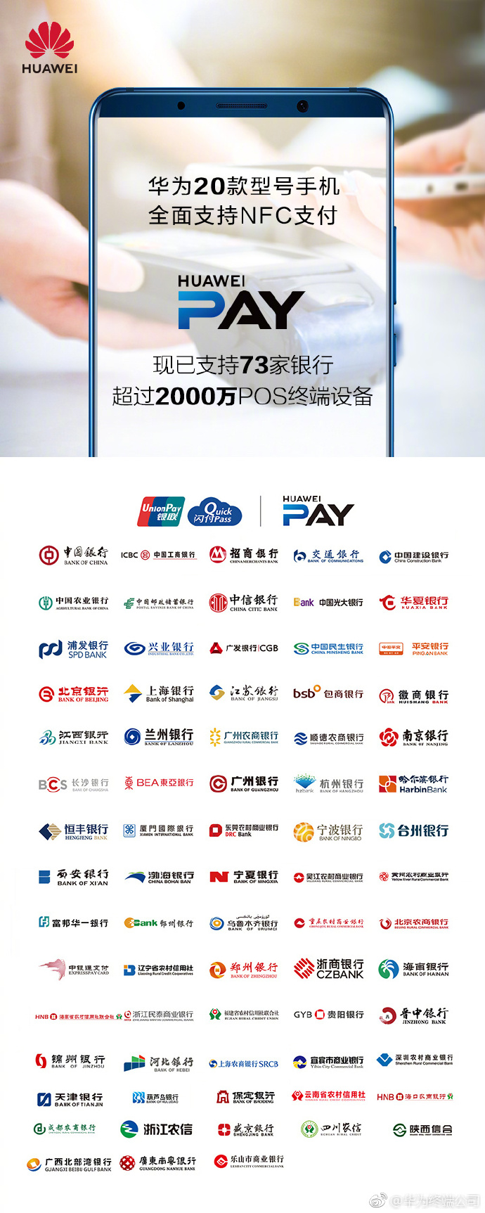 华为Huawei Pay高歌猛进：支持银行达73家 支持型号过20款
