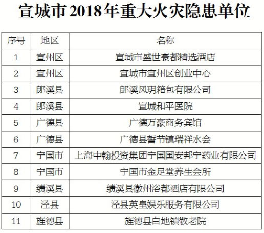 宣城市人民政府挂牌督办整改全市11处重大火灾隐