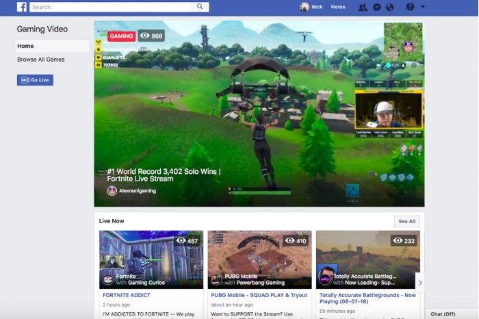 Facebook直播平台推专门展示游戏直播的页面