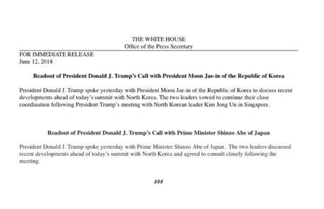 白宫发布声明：特朗普在“金特会”前夕与日韩领导人通话