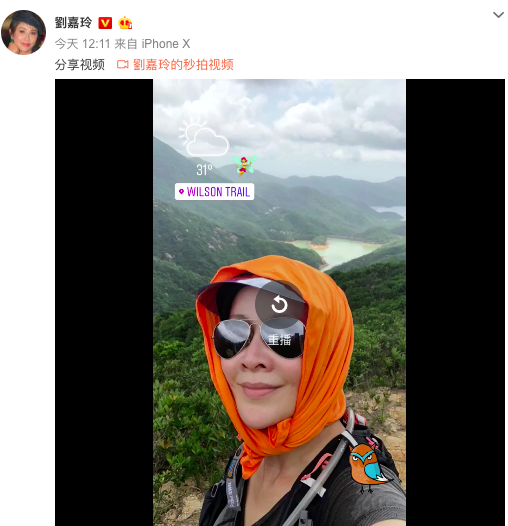 刘嘉玲晒登山素颜自拍，头上的橙色方巾太抢眼了