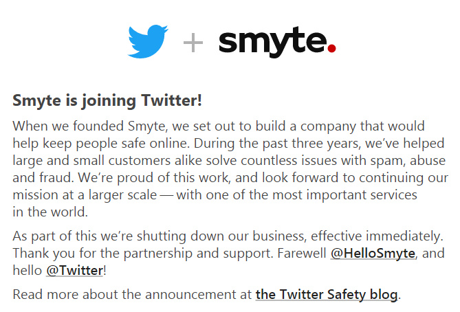 Twitter收购网络安全公司Smyte，以应对安全和垃圾邮件问题