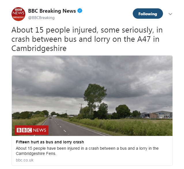 快讯！英国剑桥郡卡车与公交相撞 多人受伤