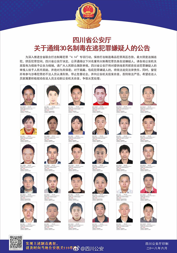 四川省公安厅发布30名重特大制毒犯罪在逃嫌疑人公告