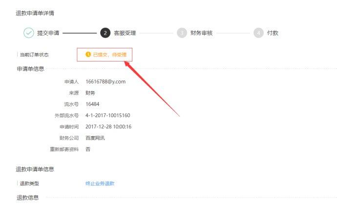 直到今天,后台退款进度仍然是"已提交,待受理":申请退款.