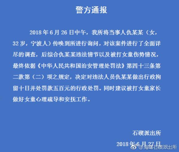 宁波警方通报“家长护犊掌掴对方小孩”：打人者已被行拘