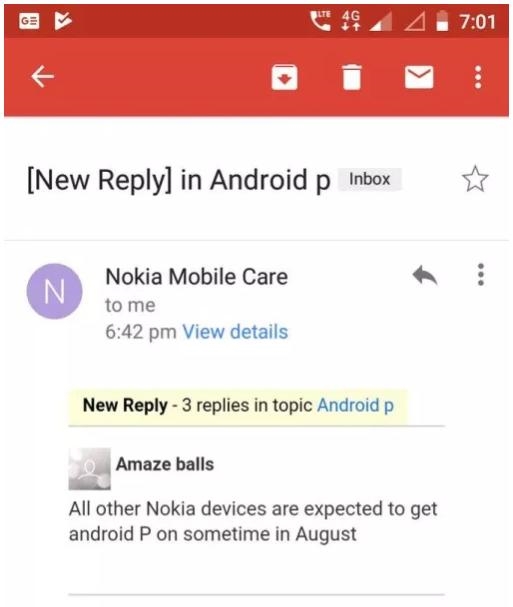 诺基亚客服：全系手机将在8月更新Android P系统