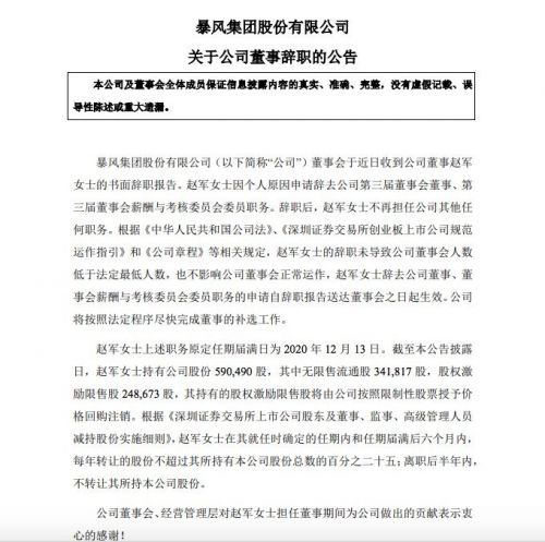 暴风集团：公司董事赵军因个人原因辞职 不再担任任何职务