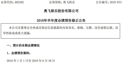 奥飞娱乐修正上半年业绩预告：预计盈利9500万元至1.35亿元