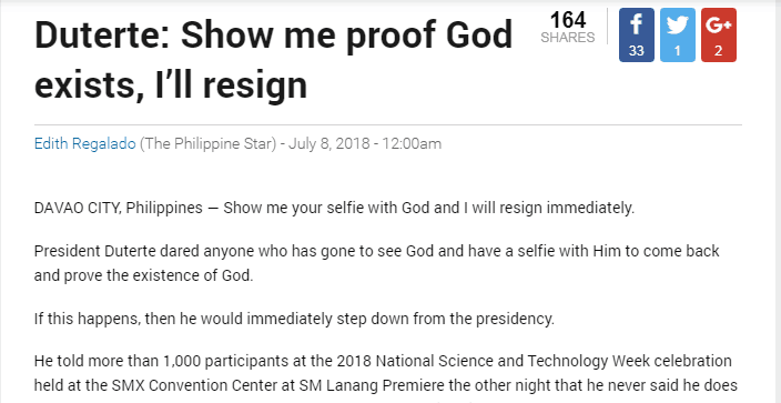 菲总统：若能拿出你与上帝的自拍，我将立即辞职