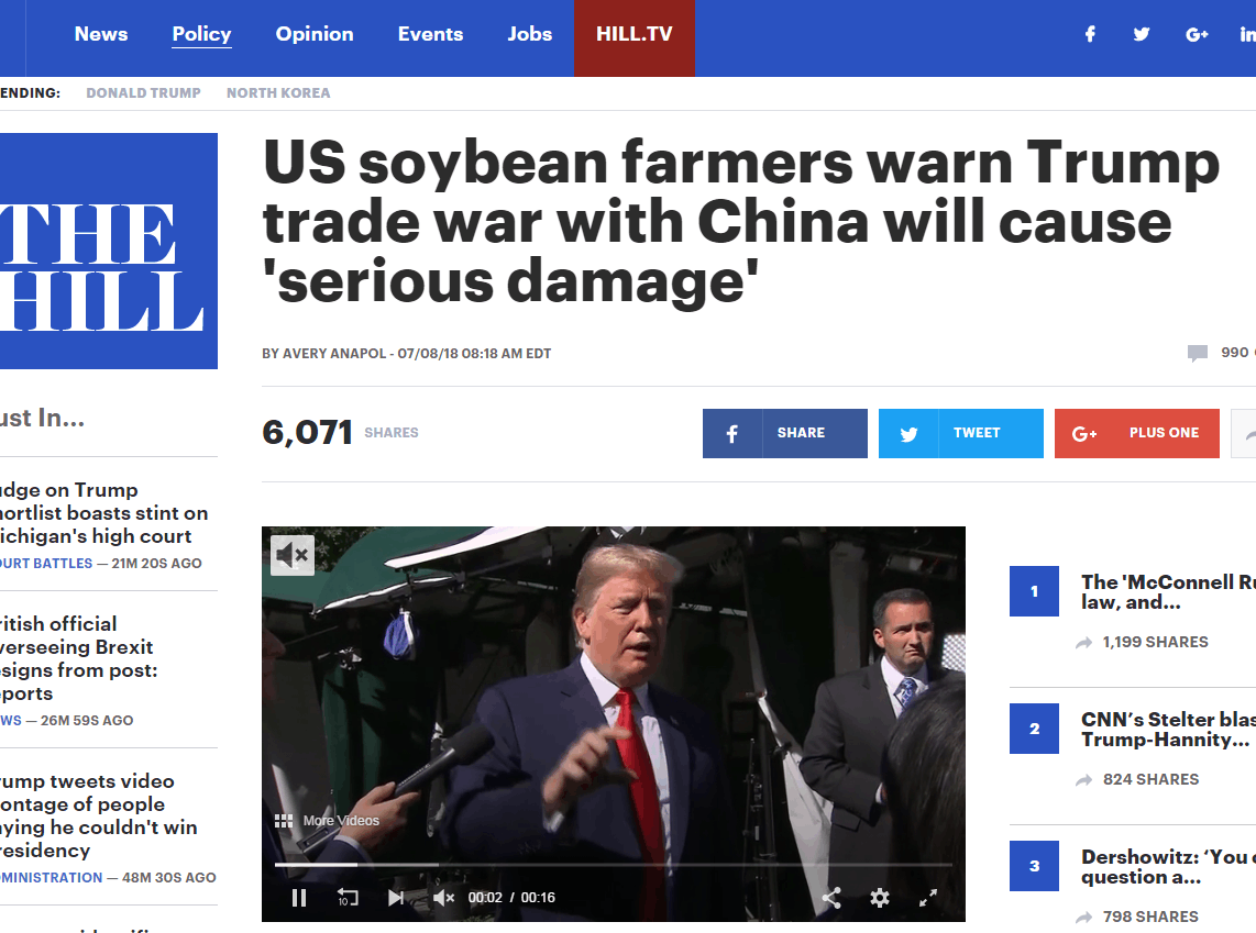 美国豆农警告：特朗普与中国开贸易战将造成“严重损害”