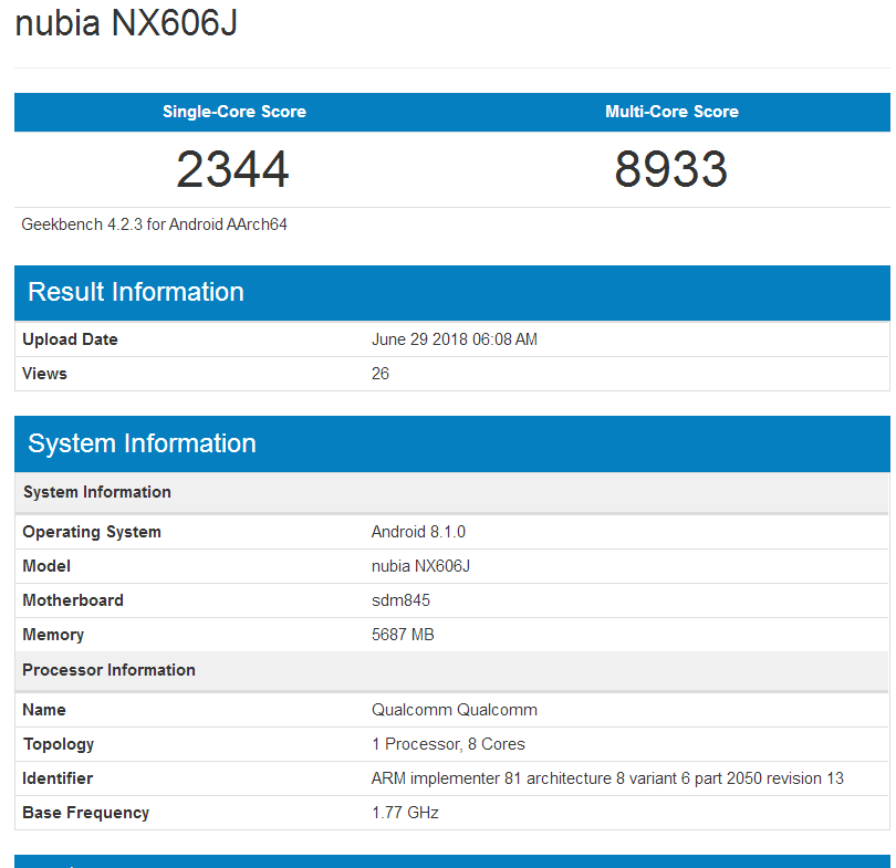 努比亚Z18 Geekbench跑分曝光:骁龙845+6GB
