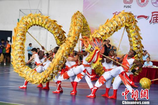 中南大学的留学生们进行舞龙自选套路的比赛。 杨华峰 摄 中南大学的留学生们进行舞龙自选套路的比赛。 杨华峰 摄