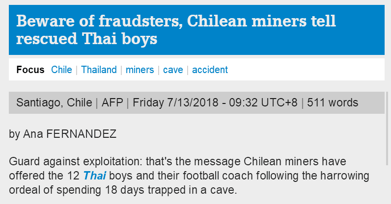 智利矿工提醒获救泰国足球少年：小心被骗！