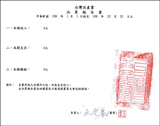“台湾共产党”党产申报：收支余额都挂零