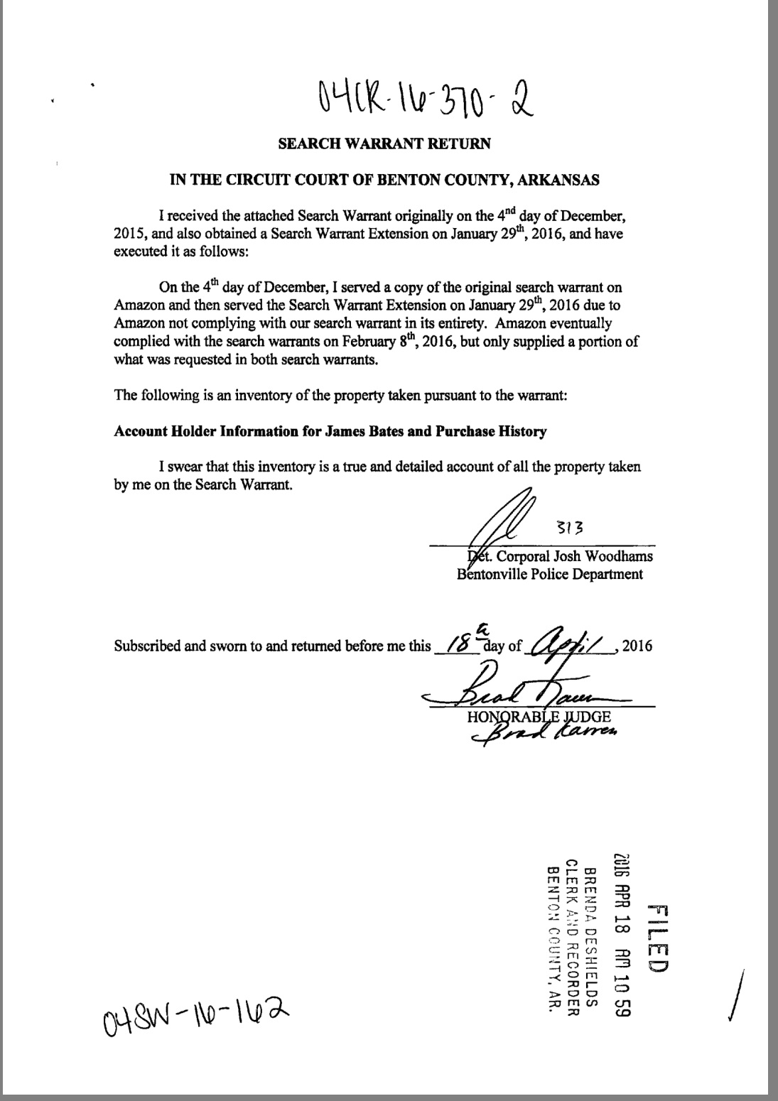 警方向亚马逊公司发出的搜查令