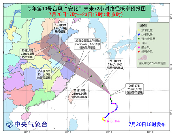 中央气象台：“安比”22日在浙江温岭到江苏启东一带登陆