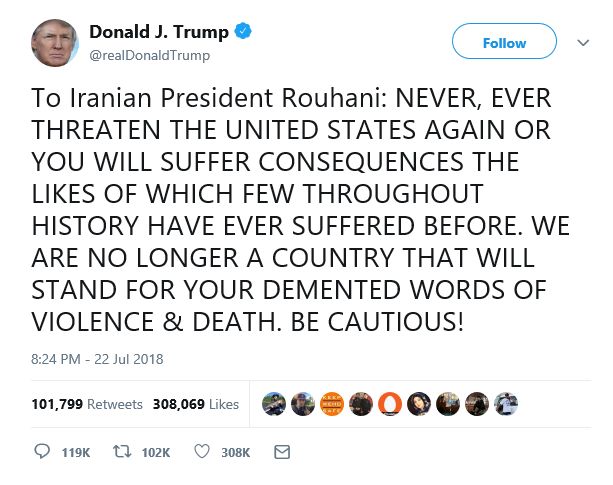 特朗普推特“全大写”威胁伊朗 美伊战争要来了？