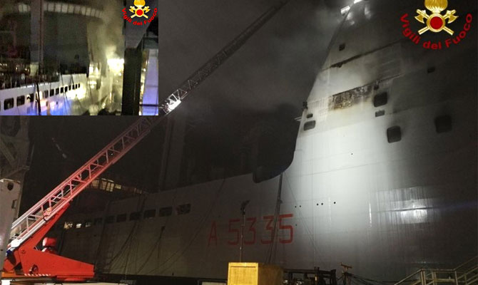 意大利新型万吨补给舰刚下水1个月就起火遭重创
