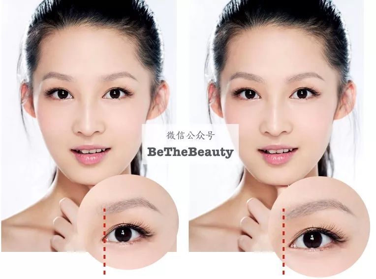 ▲左边原图，右边是正常眉头位置李沁本身眼间距偏近，眼头尖又加强了这