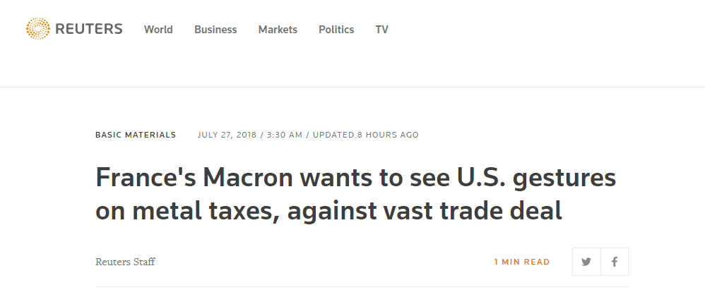 马克龙：反对美欧就广泛贸易协定开启谈判