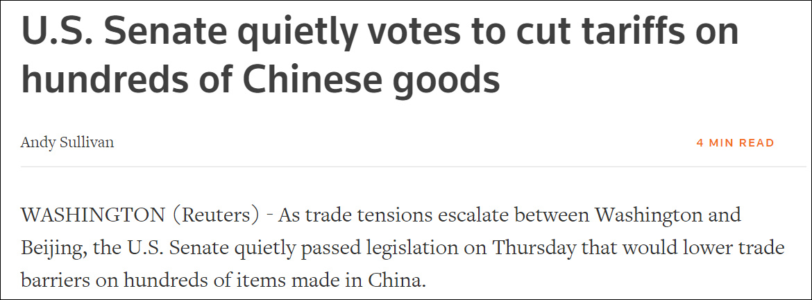 美参议院一致通过削减近1700项产品关税草案 近半产自中国