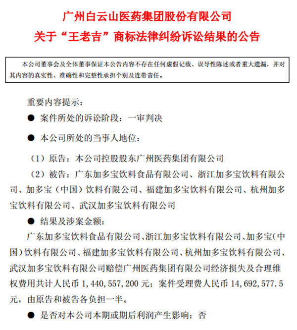 “王老吉”商标案件一审宣判：加多宝赔偿14.4亿元