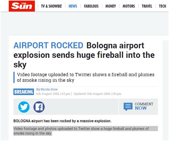 快讯！英媒：博洛尼亚一机场发生爆炸 火球冲天