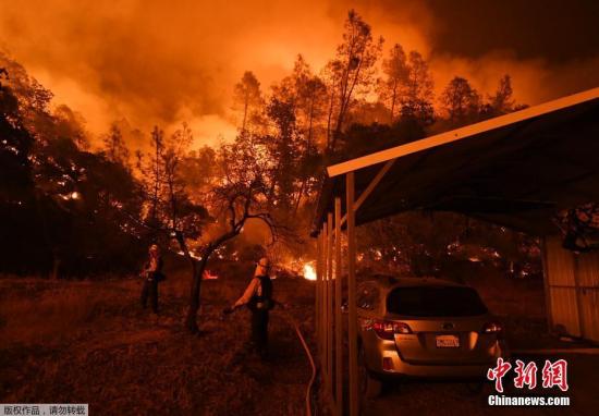 当地时间8月2日，美国加利福尼亚州山火持续肆虐，飞机从空中撒阻燃剂应对山火。美国加利福尼亚州北部沙斯塔县雷丁市附近的山火已经连烧超过一周，致死6人，仍有4人下落不明。