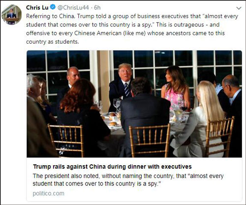 美媒爆料：特朗普暗指中国留学生全是间谍