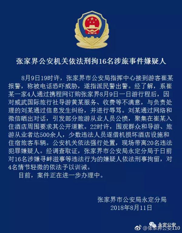 张家界警方通报：依法刑拘16名涉旅事件嫌疑人