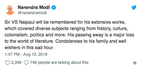 印度总理莫迪悼念奈保尔：对于世界文学来说是巨大的损失