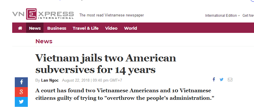 越南判处两名美籍越南人14年监禁 罪名：推翻人民政府