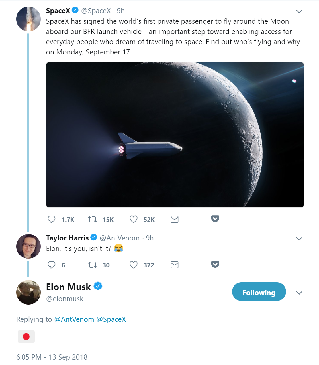 SpaceX迎来首位环月旅行私人客户