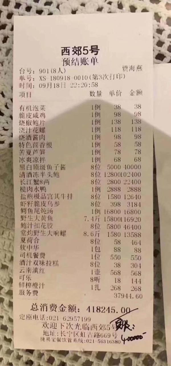 市场监管部门调查40万元“天价账单”涉事餐馆