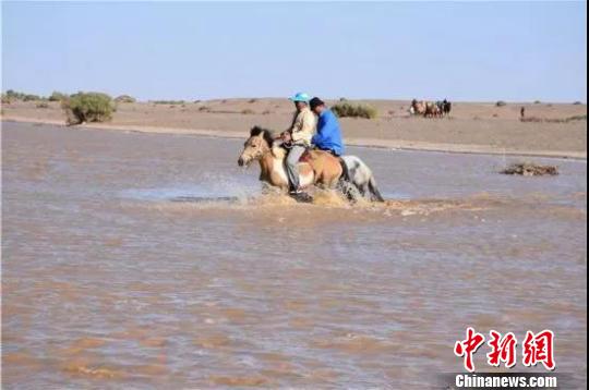 图为当地牧民骑马过河。　额济纳旗委宣传部供图摄