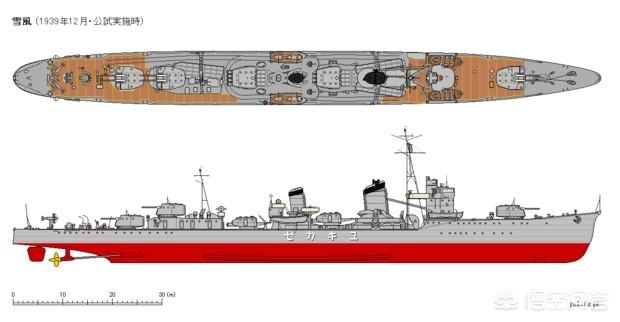 日本海军阳炎级驱逐舰线图,采用2座四联装鱼雷管,配有再装填装置.