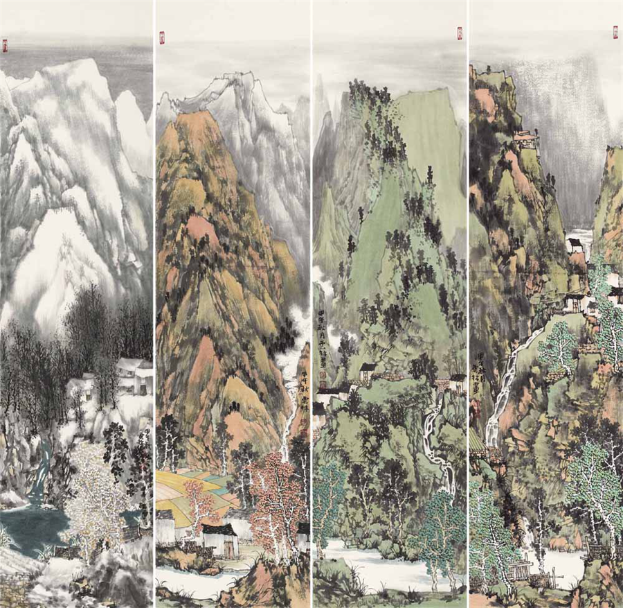 青绿山水四条屏:满威