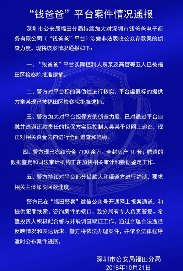 深圳警方通报钱爸爸、小零钱等7家P2P平台案情