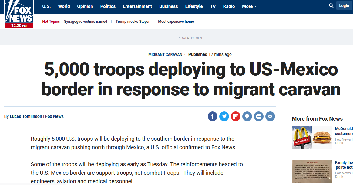 特朗普称中美洲难民入侵美国 增兵至5000驻美墨边境